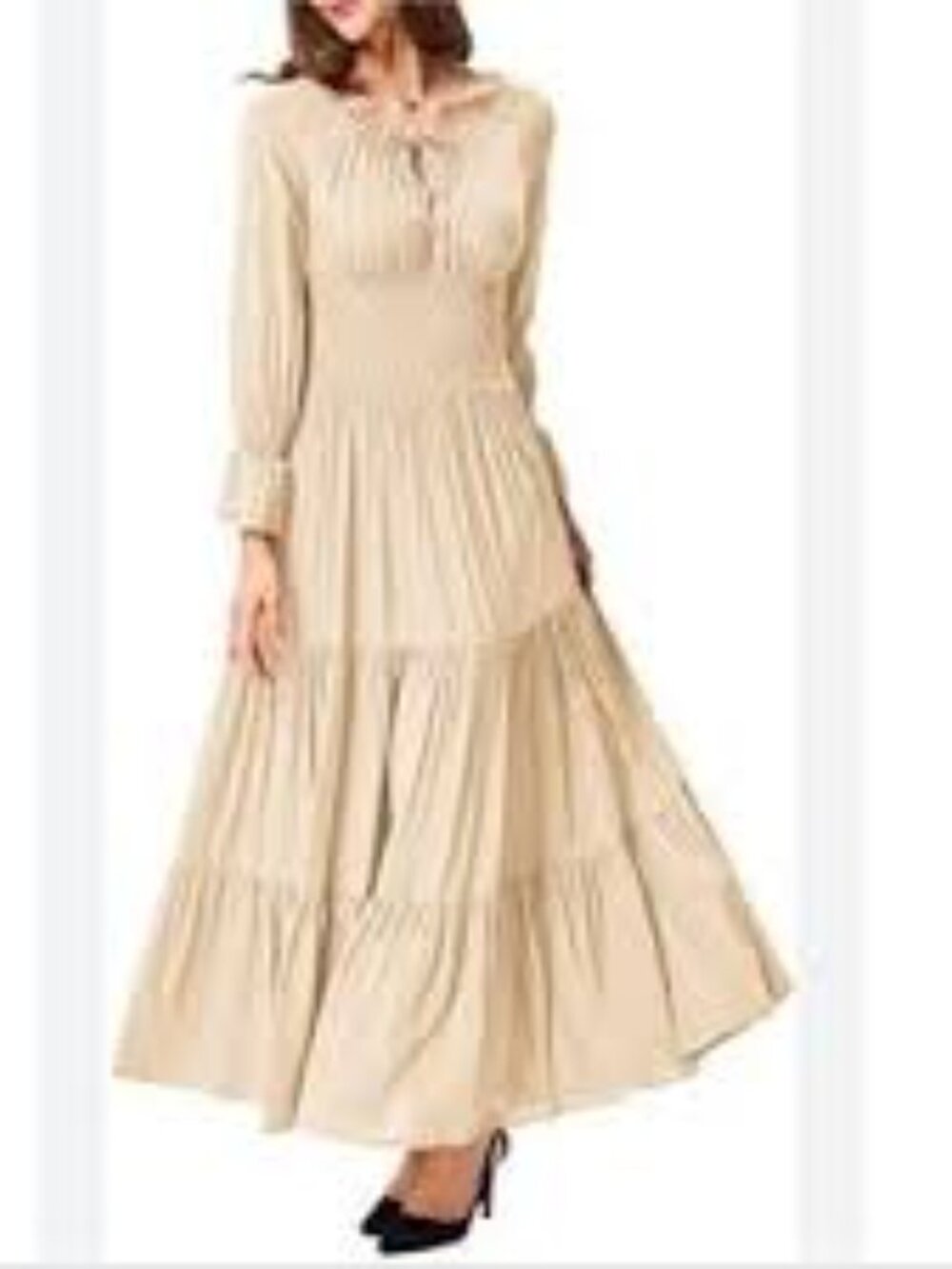 Boho Cream Maxi Dress Long Sleeve Smocked Waist Cottagecore Midi Dress